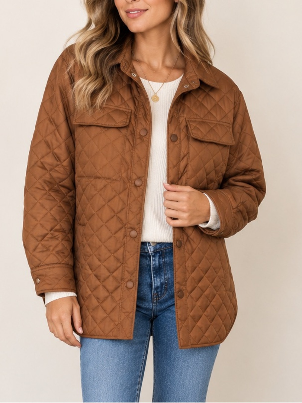 Sunset Lane Quilted Shacket Snap Front Brown Shirt Jacket NWOT Size Medium